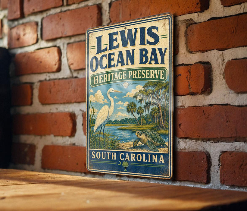 A vintage-style metal sign for the Lewis Ocean Bay Heritage Preserve in South Carolina, featuring an illustration of a heron and a turtle in a tropical setting.