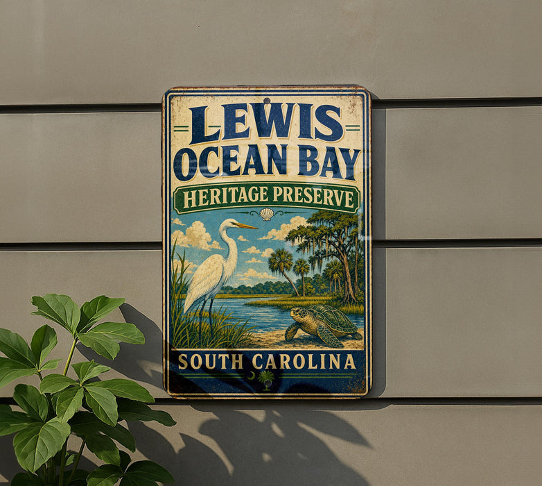 A vintage metal sign for Lewis Ocean Bay Heritage Preserve, featuring an illustration of a white egret and a turtle in a tropical setting.
