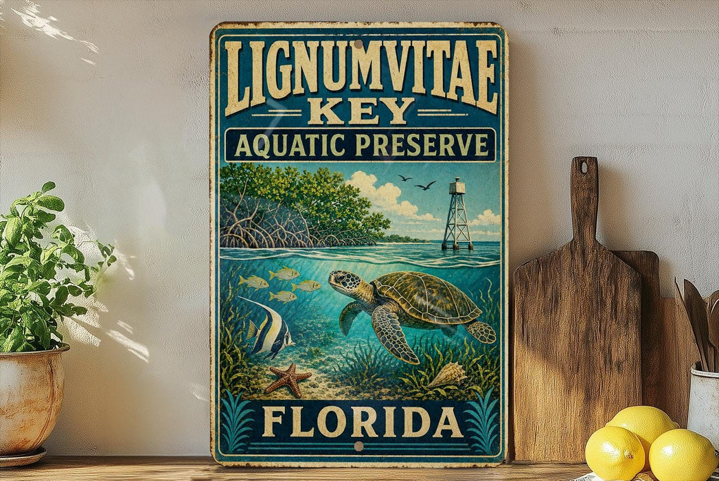A vintage-style sign for Lignum Vitae Key Aquatic Preserve in Florida, featuring an illustration of a turtle swimming in the ocean.
