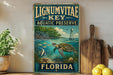 A vintage-style sign for Lignum Vitae Key Aquatic Preserve in Florida, featuring an illustration of a turtle swimming in the ocean.