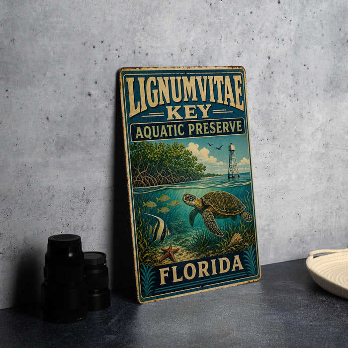 A vintage-style metal sign for the Lignum Vitae Key Aquatic Preserve in Florida, featuring an illustration of a turtle swimming in the ocean.
