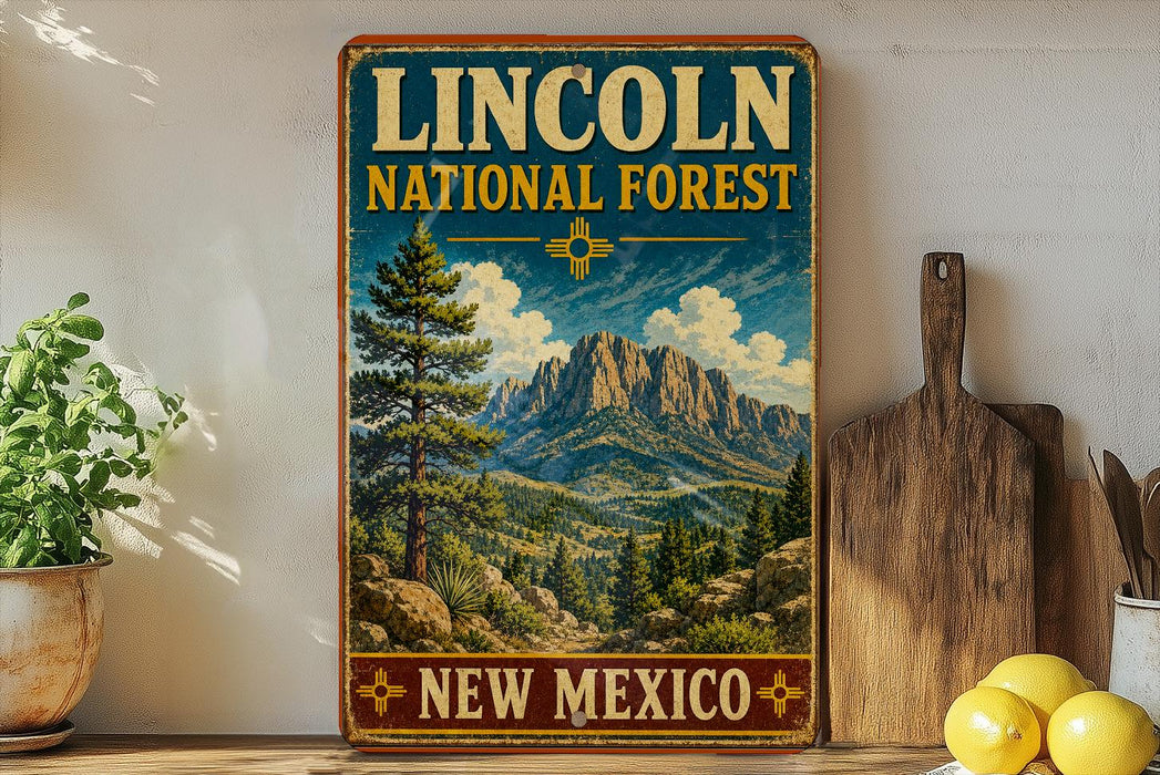 A vintage-style sign for the Lincoln National Forest in New Mexico, featuring a mountain landscape with pine trees and a cloudy sky.