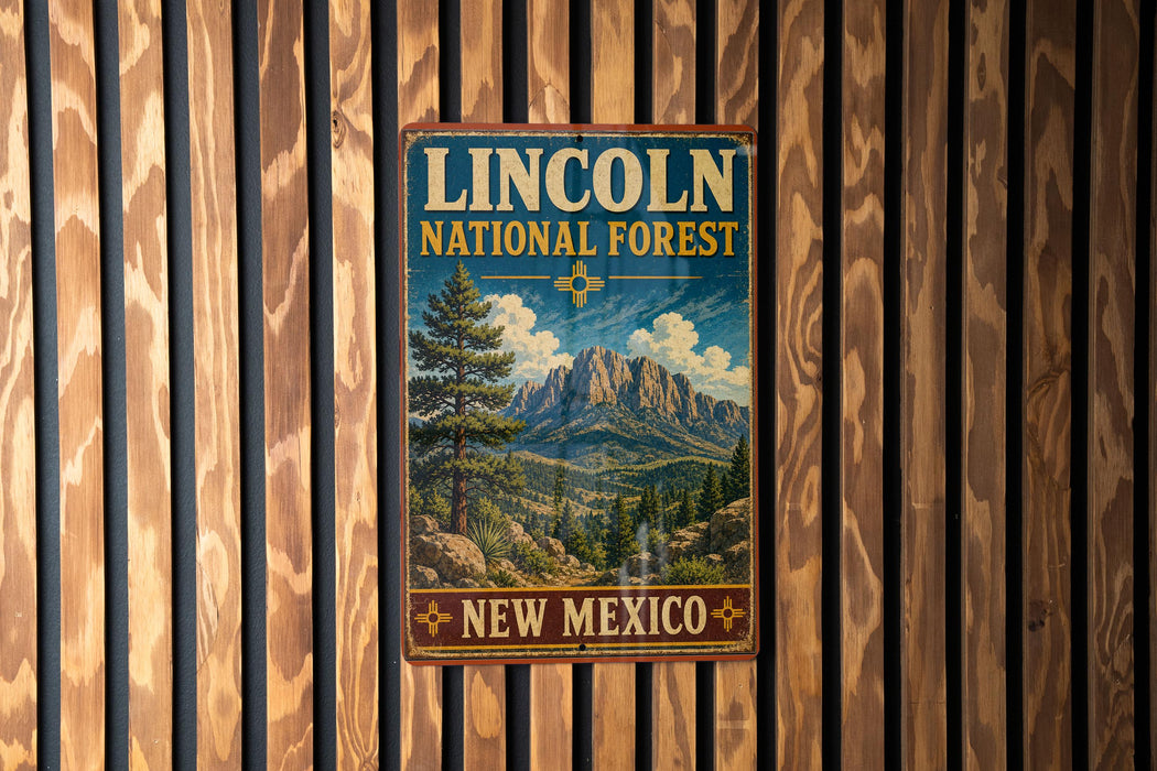 A vintage-style metal sign for the Lincoln National Forest in New Mexico, featuring a mountain landscape and pine trees.