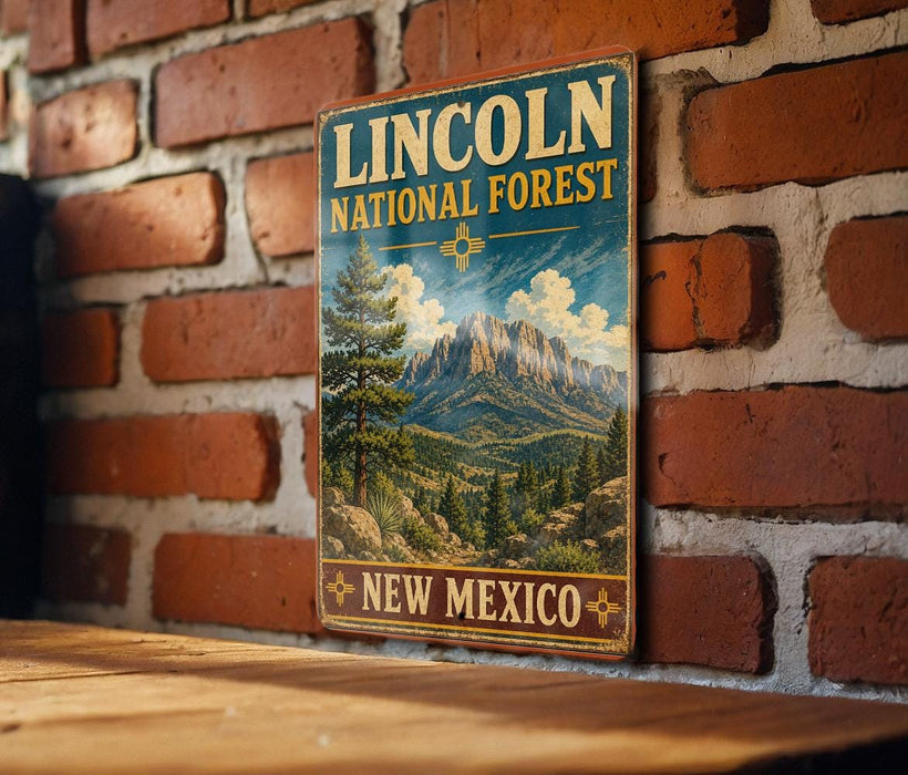 A vintage-style metal sign for the Lincoln National Forest in New Mexico, featuring a mountain landscape with pine trees and a cloudy sky.
