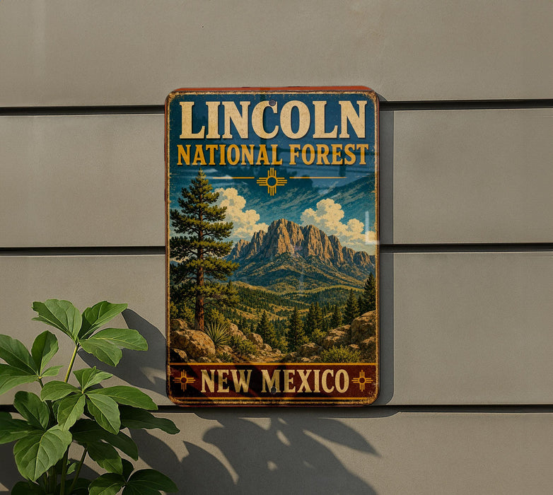 A vintage-style sign for the Lincoln National Forest in New Mexico, featuring a scenic mountain landscape.