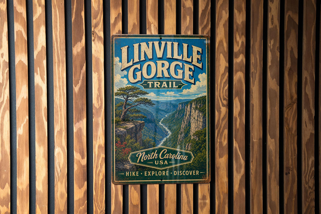 A vintage-style metal sign for Linville Gorge Trail in North Carolina, USA, mounted on a wooden wall.