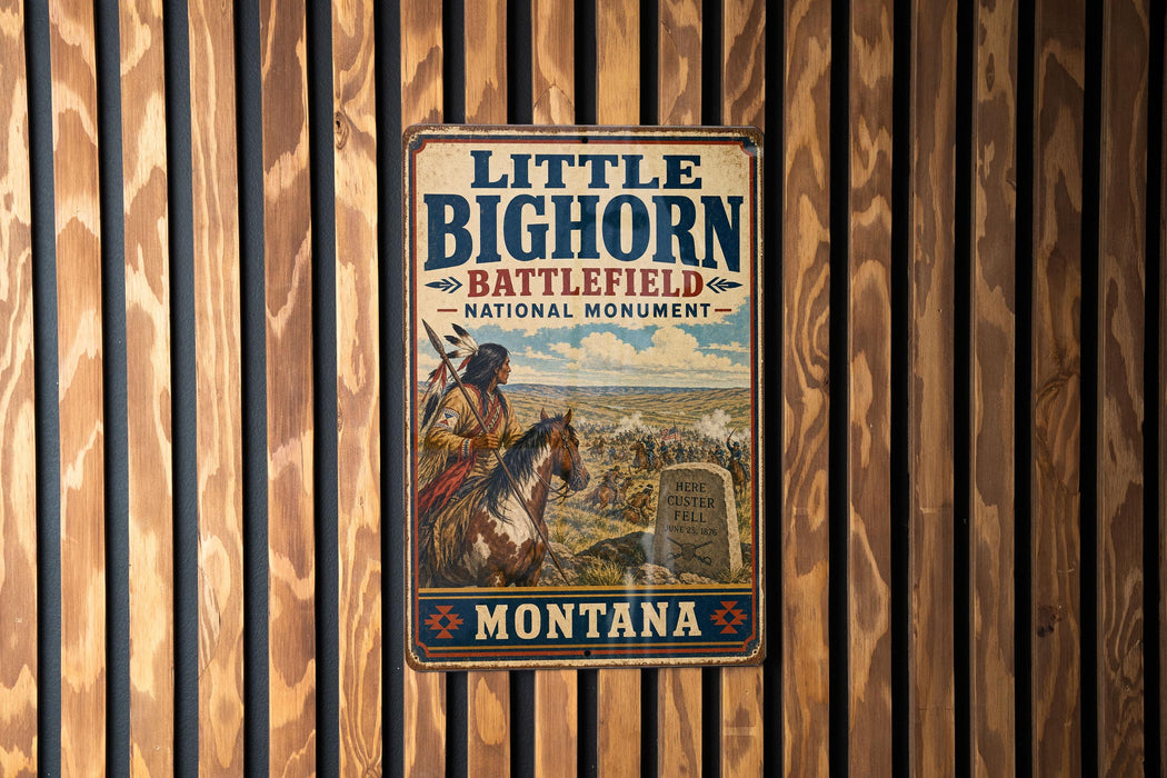 A vintage metal sign for Little Bighorn Battlefield National Monument in Montana, featuring an illustration of a Native American man on horseback.
