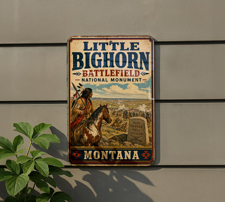 A vintage metal sign for the Little Bighorn Battlefield National Monument in Montana, featuring an illustration of a Native American man on horseback.