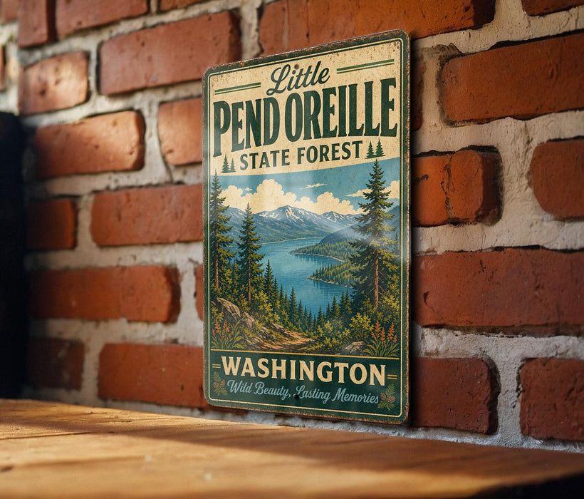 A vintage-style metal sign for Little Pend Oreille State Forest in Washington, featuring a scenic landscape with pine trees, mountains, and a lake.
