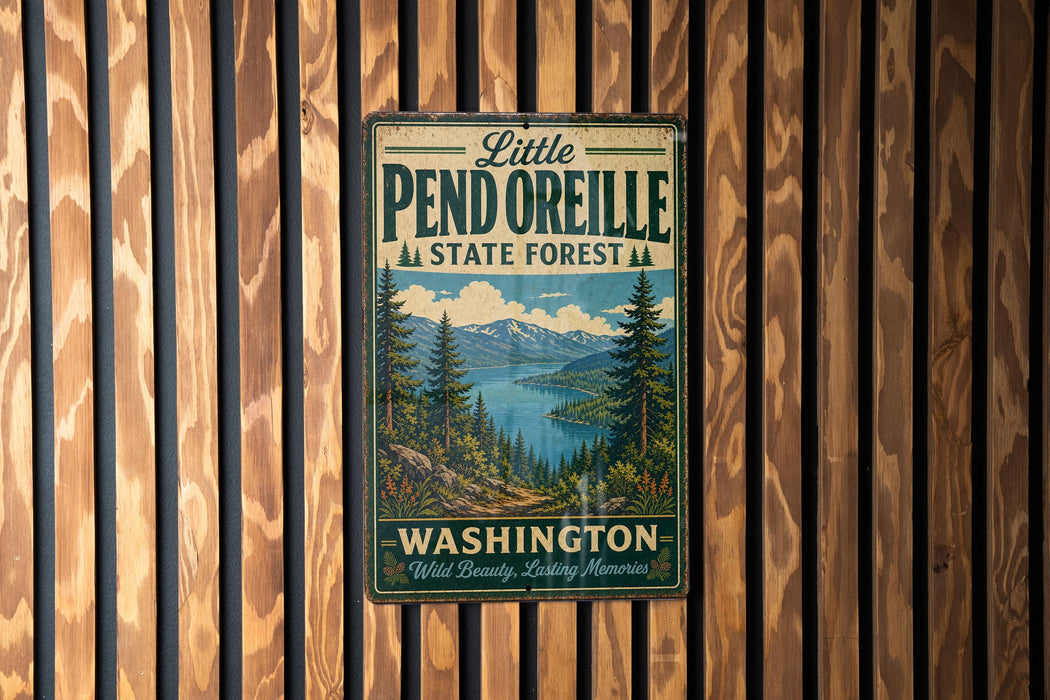 A vintage metal sign for Little Pend Oreille State Forest in Washington, featuring a scenic mountain landscape with pine trees and a lake.
