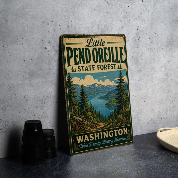 A vintage metal sign for Little Pend Oreille State Forest in Washington, featuring a scenic landscape with pine trees and a lake.
