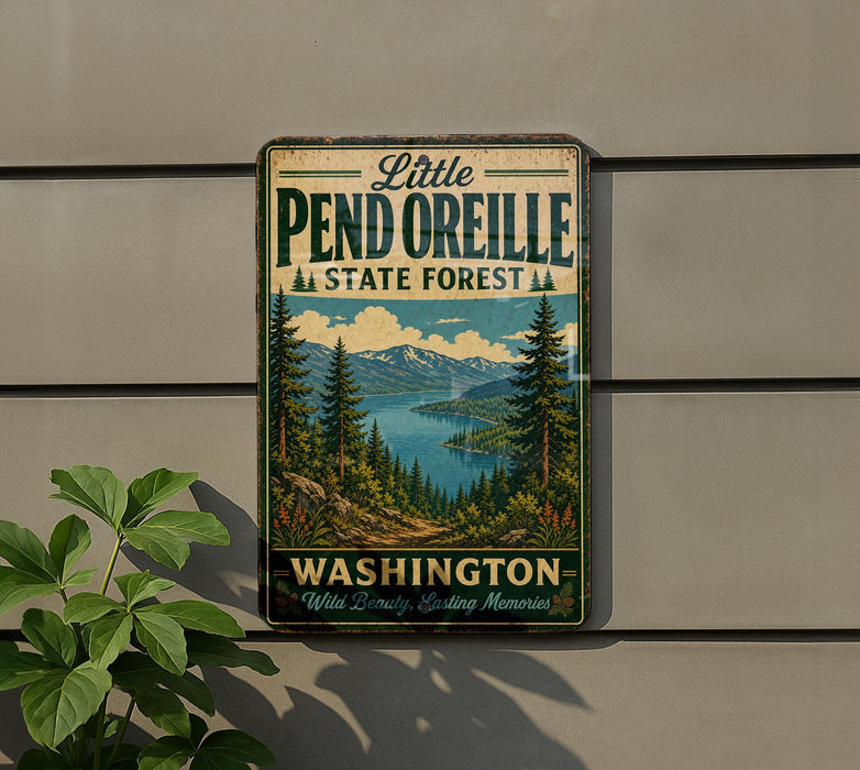 A vintage metal sign for Little Pend Oreille State Forest in Washington, featuring a scenic landscape with pine trees, mountains, and a lake.