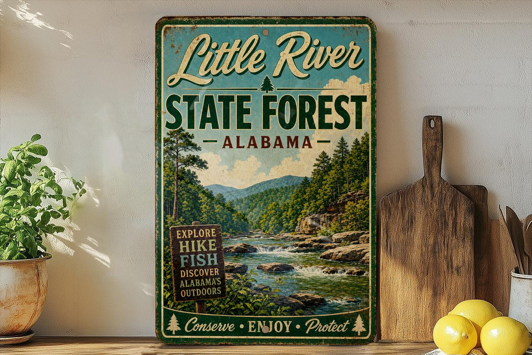 A vintage-style metal sign for Little River State Forest in Alabama, featuring a scenic image of a river surrounded by trees and mountains.