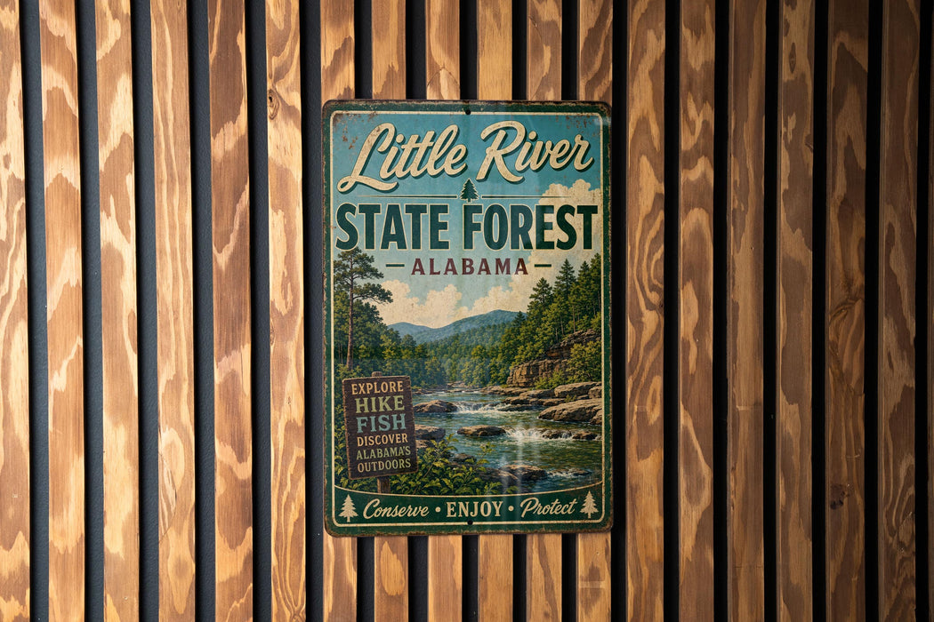 A vintage metal sign for Little River State Forest in Alabama, featuring a scenic image of a river surrounded by trees and mountains.