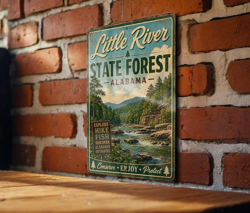 A vintage metal sign for Little River State Forest in Alabama, featuring a scenic image of a river surrounded by trees and mountains.