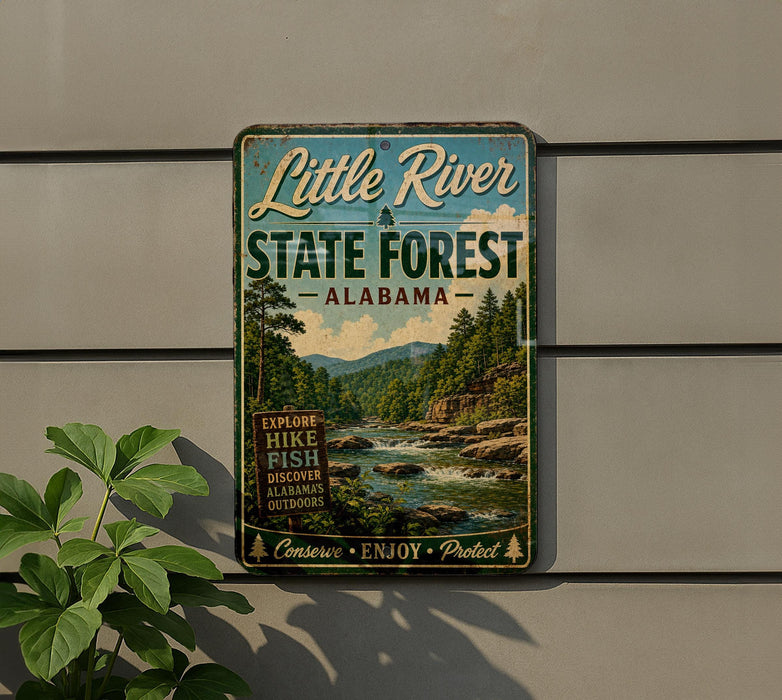 A vintage-style metal sign for Little River State Forest in Alabama, featuring a scenic image of a river surrounded by trees and mountains.