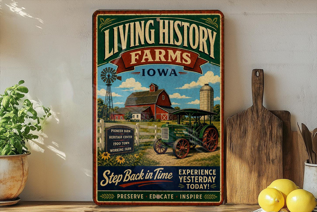 a vintage-style sign for "Living History Farms Iowa" with a farm scene and a tractor, placed on a shelf next to a wooden cutting board and some lemons.