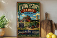 a vintage-style sign for "Living History Farms Iowa" with a farm scene and a tractor, placed on a shelf next to a wooden cutting board and some lemons.