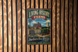 a vintage-style metal sign with a farm scene and a tractor, mounted on a wooden wall.