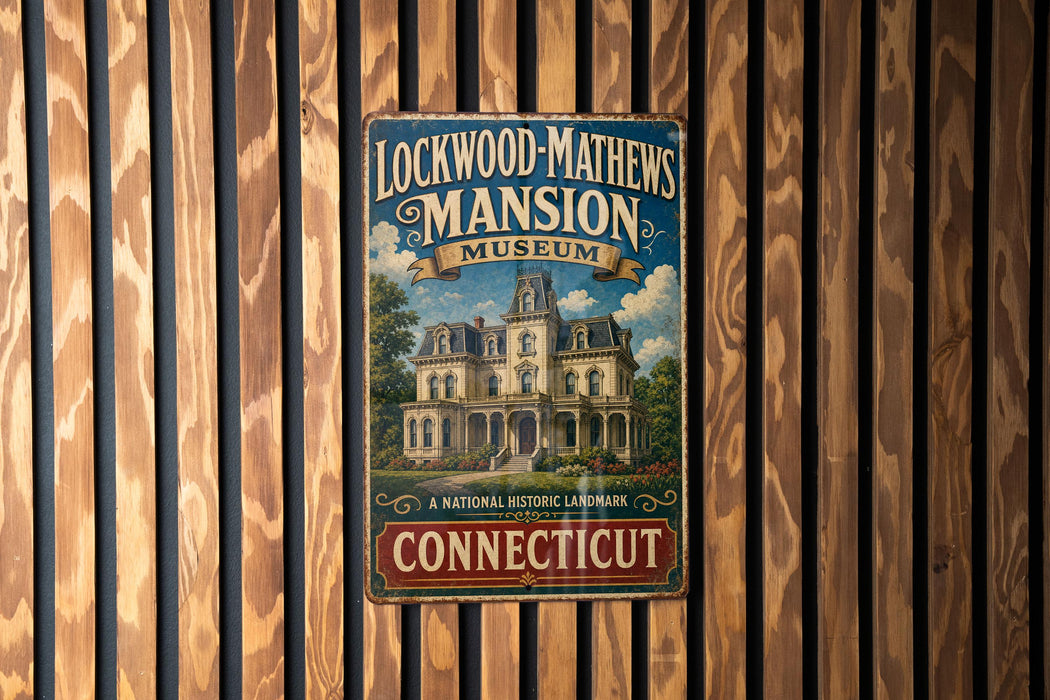 A vintage metal sign for the Lockwood-Mathews Mansion Museum in Connecticut, featuring an illustration of a historic mansion and the text "A NATIONAL HISTORIC LANDSCAPE" and "CONNECTICUT".