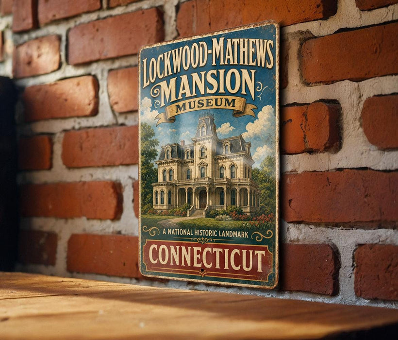 A vintage-style sign for the Lockwood-Mathews Mansion Museum in Connecticut, featuring an illustration of a historic mansion surrounded by trees and a blue sky.