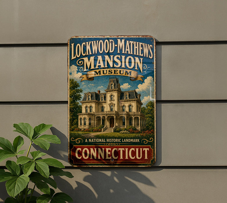 A vintage-style sign for the Lockwood-Mathews Mansion Museum in Connecticut, featuring an illustration of a historic mansion surrounded by trees and flowers.
