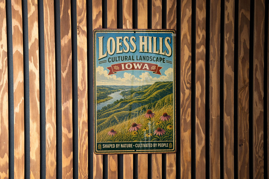 A vintage-style metal sign for Loess Hills, Iowa, featuring a scenic landscape with a river and flowers.