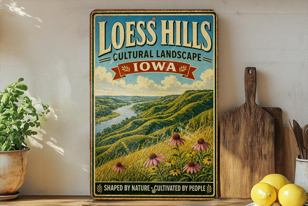 A vintage-style sign for Loess Hills, Iowa, featuring a scenic landscape with a river and mountains.