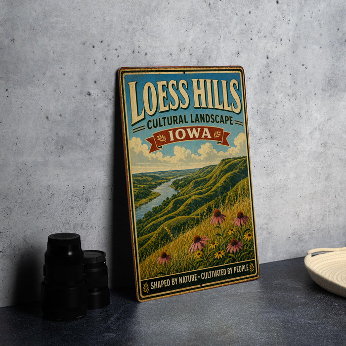 A vintage-style sign for Loess Hills, Iowa, featuring a scenic landscape with a river and flowers.