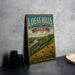 A vintage-style sign for Loess Hills, Iowa, featuring a scenic landscape with a river and flowers.