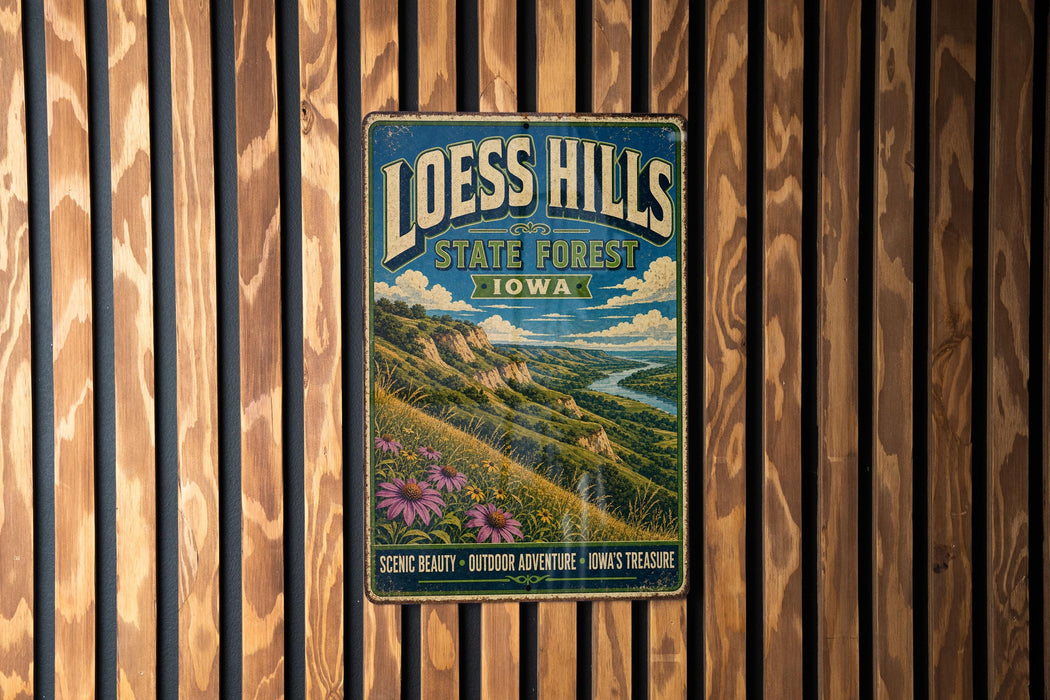 A vintage-style metal sign for Loess Hills State Forest, Iowa, featuring a scenic landscape with a river and mountains.