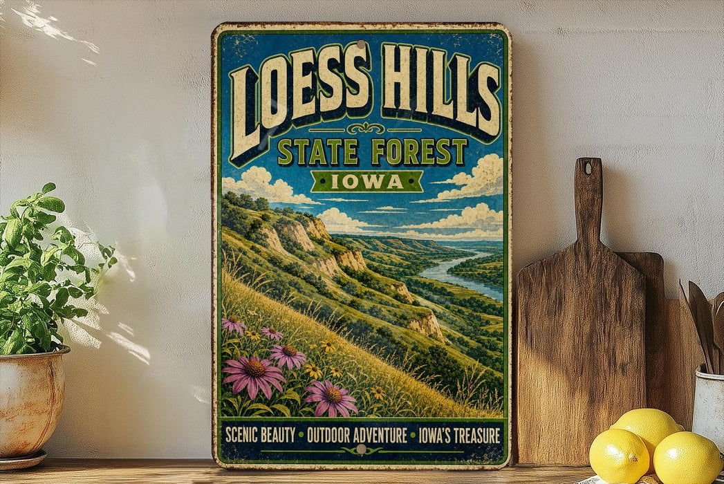 A vintage-style metal sign for Loess Hills State Forest, Iowa, featuring a scenic landscape with a winding river and lush greenery.