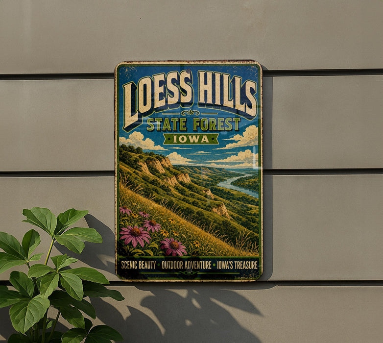A vintage-style metal sign for Loess Hills State Forest in Iowa, featuring a scenic landscape with mountains, a river, and wildflowers.