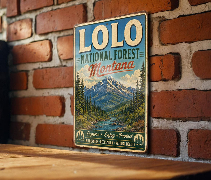 A vintage-style metal sign with the text "LOLO NATIONAL FOREST Montana" and a mountain landscape illustration, mounted on a brick wall.