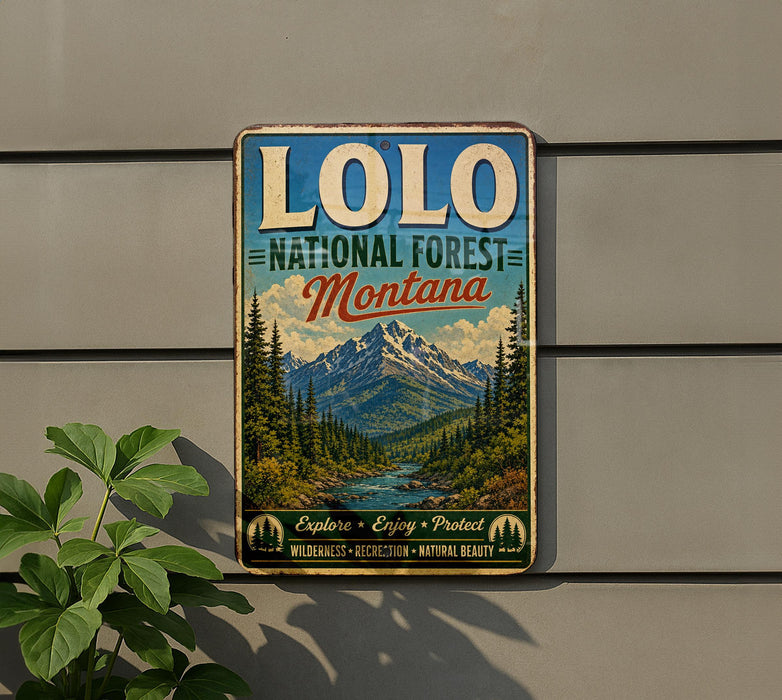 A vintage-style metal sign for the Lolo National Forest in Montana, featuring a scenic mountain landscape with pine trees and a river.