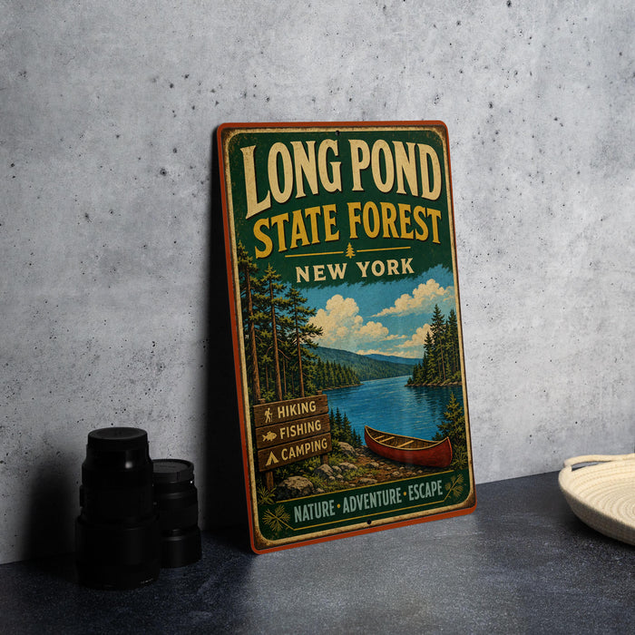 A vintage-style sign for Long Pond State Forest in New York, featuring a scenic illustration of a lake, forest, and canoe.