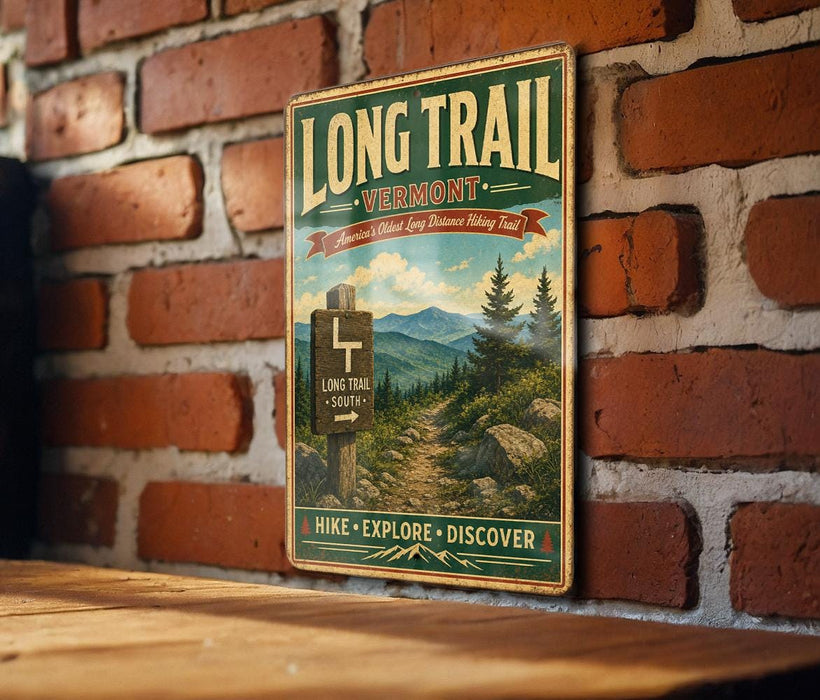 A vintage-style metal sign for the Long Trail in Vermont, featuring a scenic mountain landscape and trail marker.
