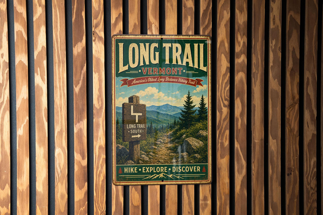 A vintage-style metal sign for the Long Trail in Vermont, featuring a scenic mountain landscape and directional signs.
