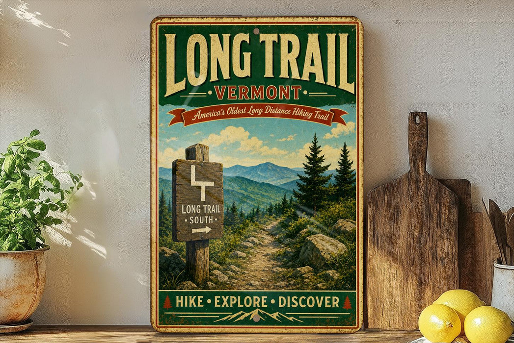 A vintage-style sign for the Long Trail in Vermont, featuring a scenic mountain landscape with a trail marker and the text "Long Trail Vermont" and "America's Oldest Long Distance Hiking Trail!".