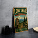 A vintage-style metal sign for the Long Trail in Vermont, featuring a scenic mountain landscape and trail marker.