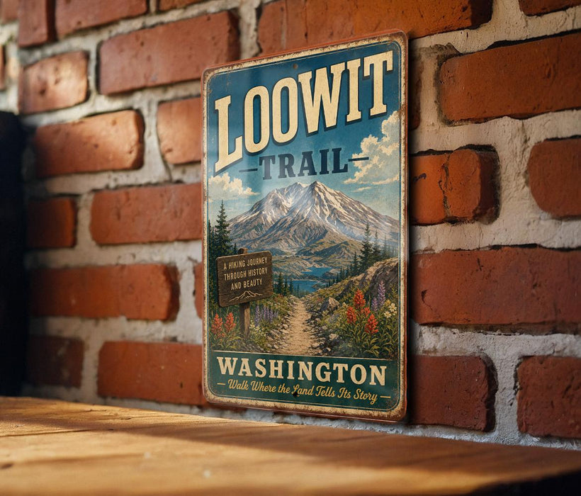 A vintage-style metal sign for the Loowit Trail in Washington, featuring a mountain landscape and a trail sign.