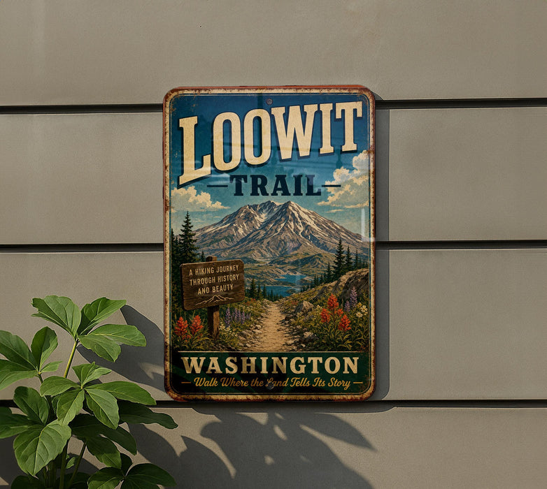 A vintage metal sign for the Loowit Trail in Washington, featuring a mountain landscape and a trail sign.