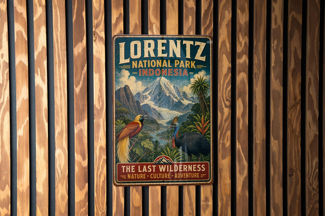 A vintage-style metal sign for Lorenz National Park in Indonesia, featuring a mountain landscape with a bird and a large animal, is displayed on a wooden wall.