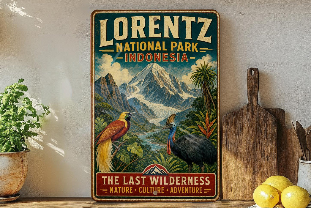 A vintage-style metal sign for Lorenz National Park in Indonesia, featuring a colorful illustration of a bird and a mountain landscape.