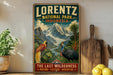 A vintage-style metal sign for Lorenz National Park in Indonesia, featuring a colorful illustration of a bird and a mountain landscape.
