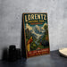 A vintage-style metal sign for the Lorentz National Park in Indonesia, featuring a colorful illustration of tropical birds and lush landscapes.
