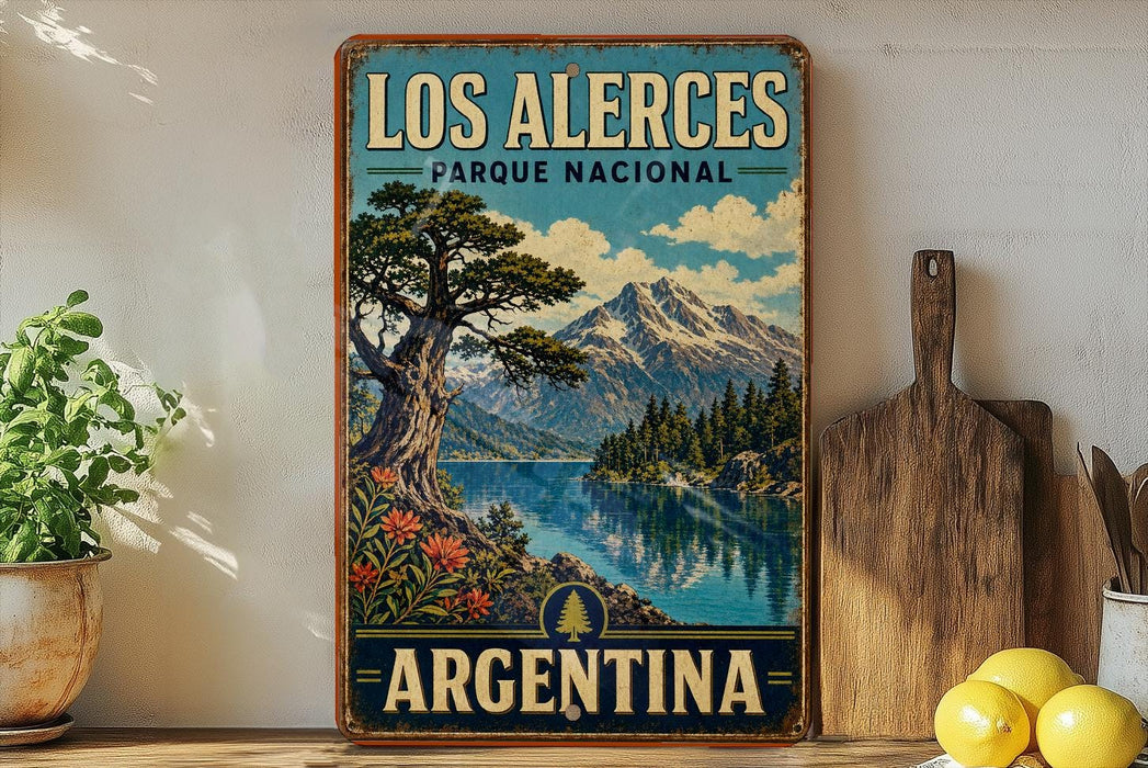 A vintage-style poster of Los Alerces, a national park in Argentina, featuring a scenic landscape with a lake, mountains, and trees.