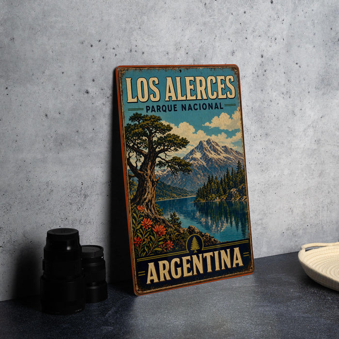 A vintage-style metal sign for Los Alerces, a national park in Argentina, featuring a scenic landscape with a lake and mountains.