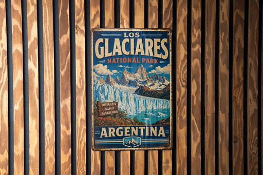A vintage-style metal sign for the Los Glaciores National Park in Argentina, featuring a scenic image of the park's waterfall and mountains.