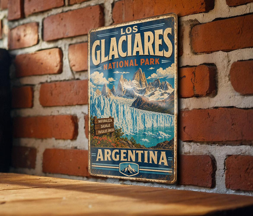 A vintage metal sign for the Los Glaciers National Park in Argentina, featuring a scenic illustration of the park's natural beauty.